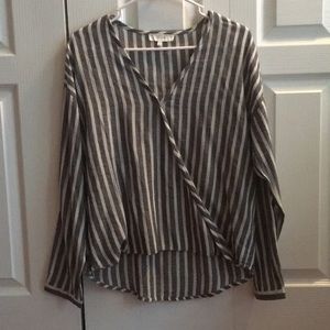 Linen-feel, striped, wrap blouse